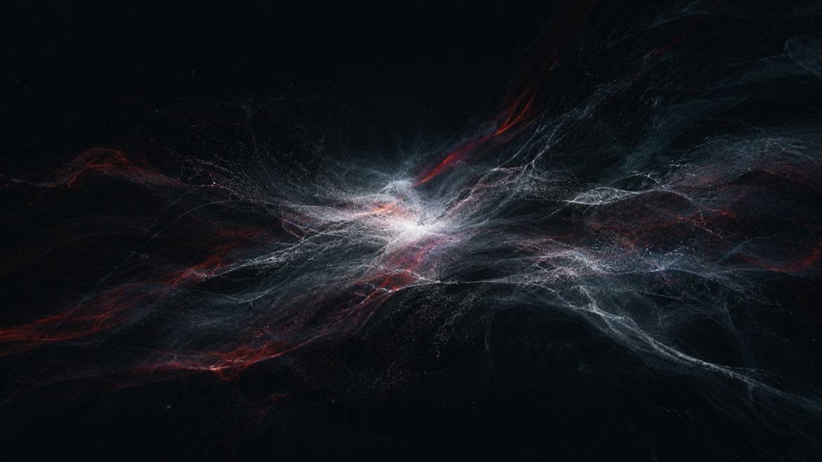 Nuage de particules traversé de lignes rouges