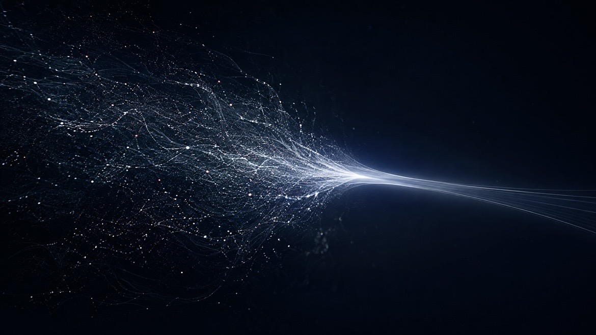 Flux de données convergeant vers un point lumineux