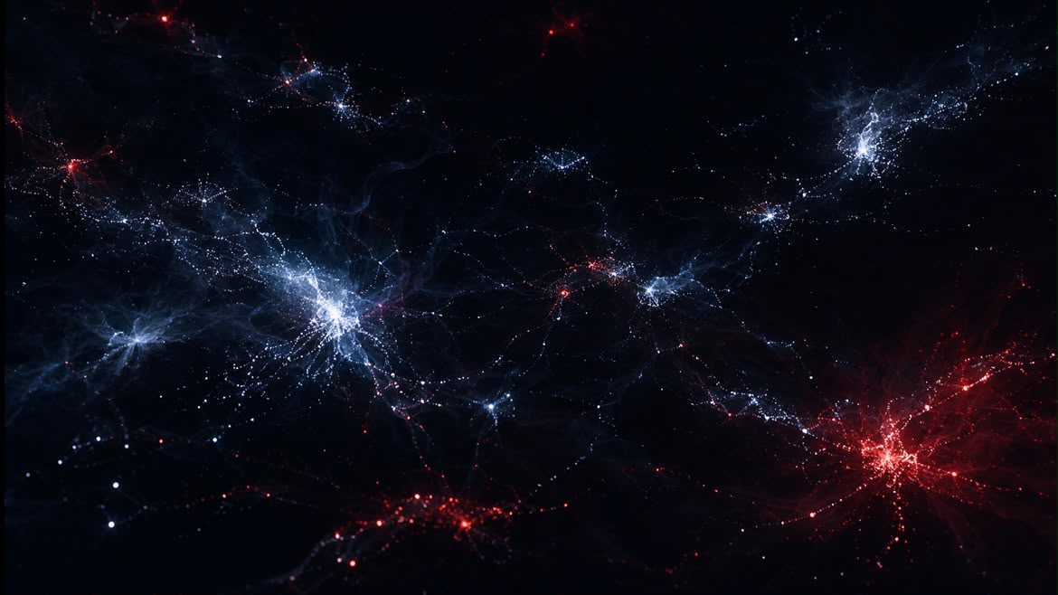 Réseau de particules rouges et bleues connectées